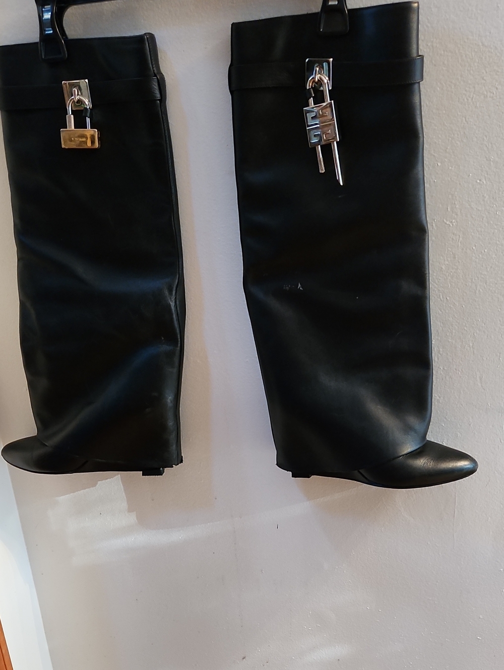 Authentic Givenchy Black Fold To-The-Knee Leather Boots with Padlock Detail